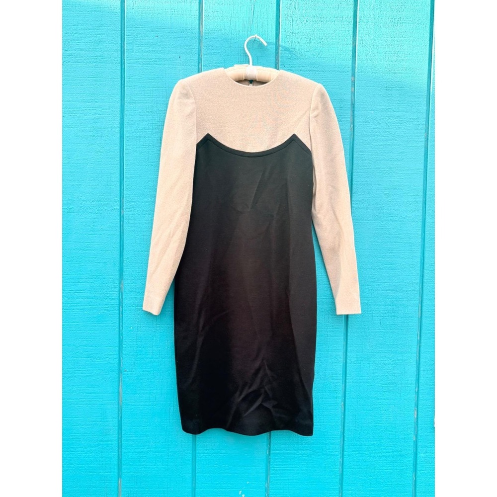 Vintage Bill Blass Colorblock Sheath Dress Tan Black Long Sleeve Quiet Luxury